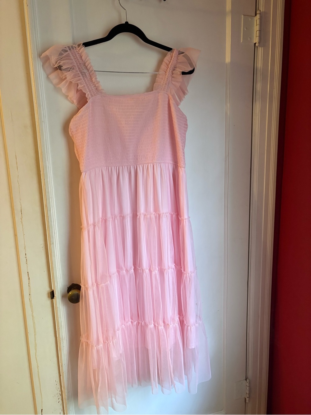 Tiered Ruffle Strap Midi Dress in Light Pink